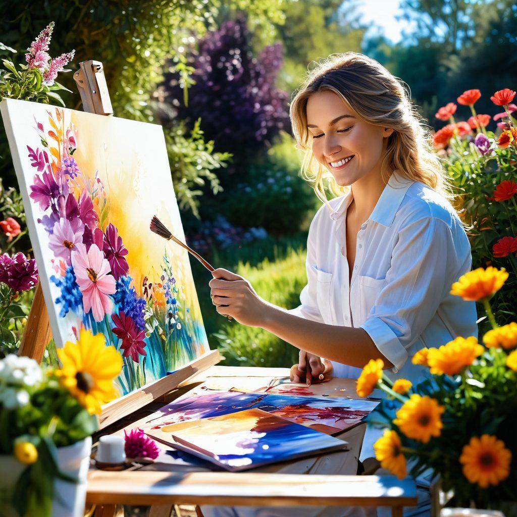 A colorful and whimsical scene of an artist happily painting on a canvas surrounded by vibrant flowers and sunlit nature, with a soft smile on their face, emanating blissful energy. Include hints of abstract art splashes in the background, symbolizing creativity and joy. ethereal lighting, warm colors, dreamy atmosphere. super-realistic. vibrant colors.