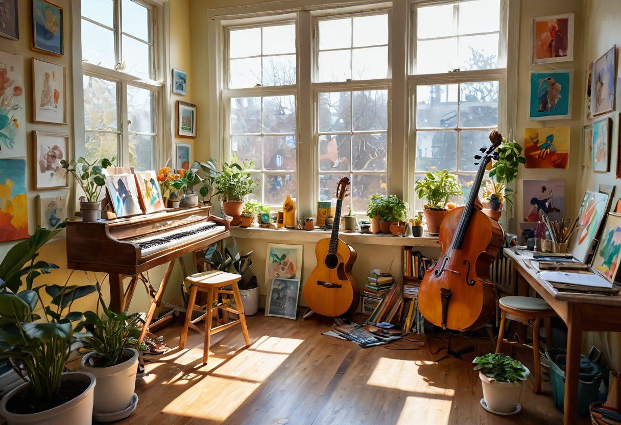 A serene artist's studio filled with colorful paintings and art supplies, soft sunlight pouring through large windows, a joyful person painting on a canvas with vibrant colors, surrounding elements like musical instruments, plants, and inspiring quotes on the walls, evoking a sense of creativity and happiness. super-realistic. vibrant colors. inviting atmosphere.