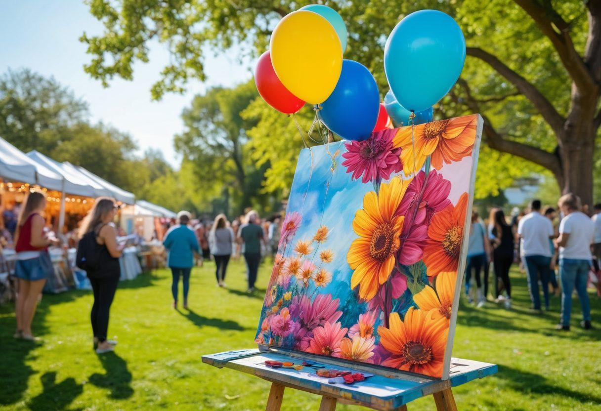 A vibrant gathering of diverse artists in a colorful outdoor park, showcasing their creative works on easels, sculptures, and canvas. Lively interactions and smiles among the artists, with balloons and fairy lights overhead to create a joyful atmosphere. Include splashes of paint and art supplies scattered around, emphasizing visual creativity. The background features a sunny blue sky and blooming flowers to enhance the cheerful vibe. super-realistic. vibrant colors. 3D.